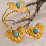 Vintage Gold Inlaid Turquoise Heart Earrings, Ring & Bracelet Set