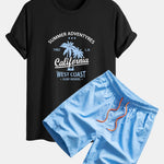 Regular Fit California Palm Tree Print Cotton T-Shirt & Drawstring Swim Shorts