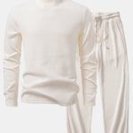 Long Sleeve Waffle Mock Neck T-Shirt & Drawstring Knitted Waffle Pants