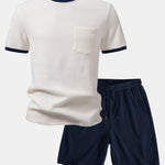 Contrast Waffle T-Shirt With Pocket & Drawstring Knit Waffle Shorts