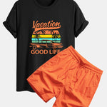 Regular Fit Good Life On Vacation Print Cotton T-Shirt & Man Mid Length Drawstring Swim Shorts
