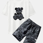 Camouflage Bear Print Drop Shoulder Oversize T-Shirt & Drawstring Cargo Shorts