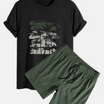 Palm Tree Silhouette Print Cotton T-Shirt & Solid Drawstring Swim Shorts