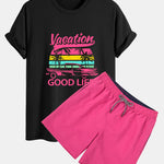 Regular Fit Good Life On Vacation Print Cotton T-Shirt & Contrast Waistband Swim Shorts