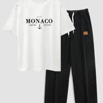 Monaco Slogan Print Drop Shoulder Oversize T-Shirt & Straight Leg Corduroy Pants