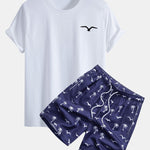 Regular Fit Seagull Print Cotton T-Shirt & Palm Tree Seagull Print Swim Shorts