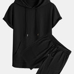 Kangaroo Pocket Ribbed Hooded T-Shirt & Drawstring Ribbed Shorts
