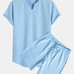 Muscle Fit Notch Ribbed Arc Hem T-Shirt & Drawstring Ribbed Shorts