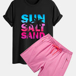 Regular Fit Colorful Sun Salt Sand Print Cotton T-Shirt & Zip Pocket Swim Shorts