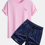 Regular Fit Flamingo Print Cotton T-Shirt & Flamingo Print Drawstring Swim Shorts