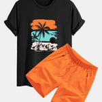 Regular Fit Palm Tree Silhouette Print Cotton T-Shirt & Swim Shorts