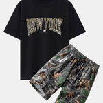 Camouflage New York Print Drop Shoulder Oversize T-Shirt & Forest Camouflage Cargo Shorts