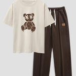 Checkerboard Dissolving Bear Drop Shoulder Oversize T-Shirt & Straight Leg Corduroy Pants
