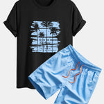 Palm Tree Silhouette Print Cotton T-Shirt & Man Mid Length Drawstring Swim Shorts