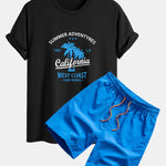 Regular Fit California Palm Tree Print Cotton T-Shirt & Drawstring Swim Shorts
