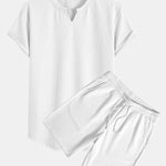 Muscle Fit Notch Ribbed Arc Hem T-Shirt & Drawstring Ribbed Shorts