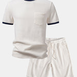 Contrast Waffle T-Shirt With Pocket & Drawstring Knit Waffle Shorts