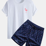 Regular Fit Flamingo Print Cotton T-Shirt & Flamingo Print Drawstring Swim Shorts