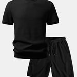 Waffle Ribbed Hem T-Shirt & Drawstring Knit Waffle Shorts