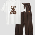 Checkerboard Dissolving Bear Drop Shoulder Oversize T-Shirt & Straight Leg Corduroy Pants