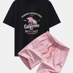 California Palm Tree Print Drop Shoulder Oversize T-Shirt & Man Mid Length Drawstring Swim Shorts