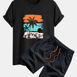 Regular Fit Palm Tree Silhouette Print Cotton T-Shirt & Swim Shorts