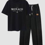 Monaco Slogan Print Drop Shoulder Oversize T-Shirt & Straight Leg Corduroy Pants