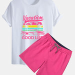 Regular Fit Good Life On Vacation Print Cotton T-Shirt & Contrast Waistband Swim Shorts