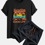 Regular Fit Good Life On Vacation Print Cotton T-Shirt & Man Mid Length Drawstring Swim Shorts