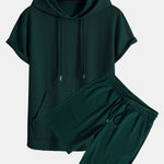 Kangaroo Pocket Ribbed Hooded T-Shirt & Drawstring Ribbed Shorts