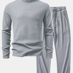 Long Sleeve Waffle Mock Neck T-Shirt & Drawstring Knitted Waffle Pants