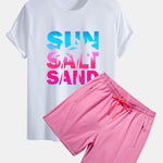 Regular Fit Colorful Sun Salt Sand Print Cotton T-Shirt & Zip Pocket Swim Shorts