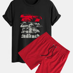 Palm Tree Silhouette Print Cotton T-Shirt & Solid Drawstring Swim Shorts