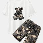 Camouflage Bear Print Drop Shoulder Oversize T-Shirt & Drawstring Cargo Shorts