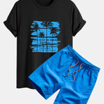 Palm Tree Silhouette Print Cotton T-Shirt & Man Mid Length Drawstring Swim Shorts