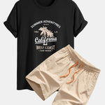 Regular Fit California Palm Tree Print Cotton T-Shirt & Drawstring Swim Shorts