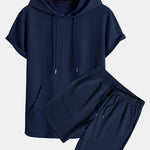 Kangaroo Pocket Ribbed Hooded T-Shirt & Drawstring Ribbed Shorts