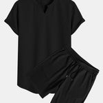 Muscle Fit Notch Ribbed Arc Hem T-Shirt & Drawstring Ribbed Shorts