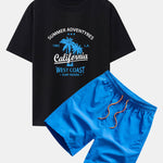 California Palm Tree Print Drop Shoulder Oversize T-Shirt & Man Mid Length Drawstring Swim Shorts