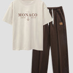 Monaco Slogan Print Drop Shoulder Oversize T-Shirt & Straight Leg Corduroy Pants