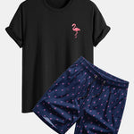 Regular Fit Flamingo Print Cotton T-Shirt & Flamingo Print Drawstring Swim Shorts