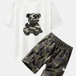 Camouflage Bear Print Drop Shoulder Oversize T-Shirt & Drawstring Cargo Shorts
