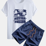 Palm Tree Silhouette Print Cotton T-Shirt & Man Mid Length Drawstring Swim Shorts