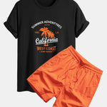 Regular Fit California Palm Tree Print Cotton T-Shirt & Drawstring Swim Shorts