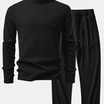Long Sleeve Waffle Mock Neck T-Shirt & Drawstring Knitted Waffle Pants