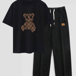 Checkerboard Dissolving Bear Drop Shoulder Oversize T-Shirt & Straight Leg Corduroy Pants