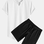 Muscle Fit Notch Ribbed Arc Hem T-Shirt & Drawstring Ribbed Shorts