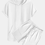 Kangaroo Pocket Ribbed Hooded T-Shirt & Drawstring Ribbed Shorts