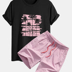 Palm Tree Silhouette Print Cotton T-Shirt & Man Mid Length Drawstring Swim Shorts