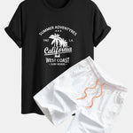 Regular Fit California Palm Tree Print Cotton T-Shirt & Drawstring Swim Shorts